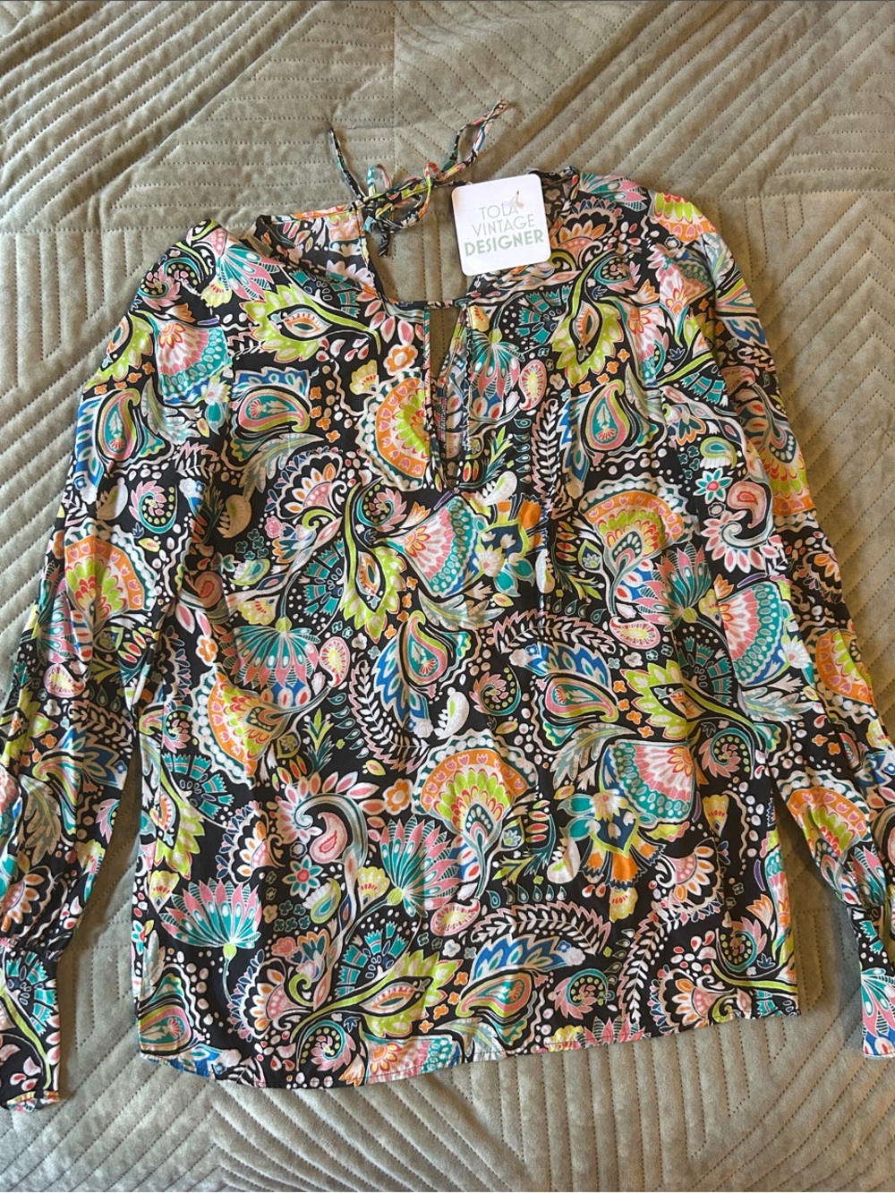 Max Studio Black Multi Paisley Tie-Neck Long Sleeve Blouse
